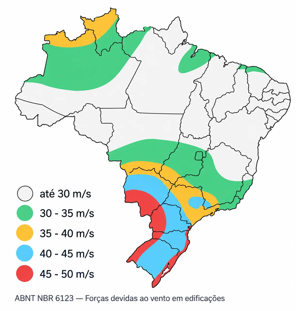 Mapa do Brasil com a velocidade básica do vento V₀ da NBR 6123 em faixas de cor: cinza até 30 m/s, verde de 30 a 35, amarelo de 35 a 40, azul de 40 a 45 e vermelho de 45 a 50 metros por segundo.